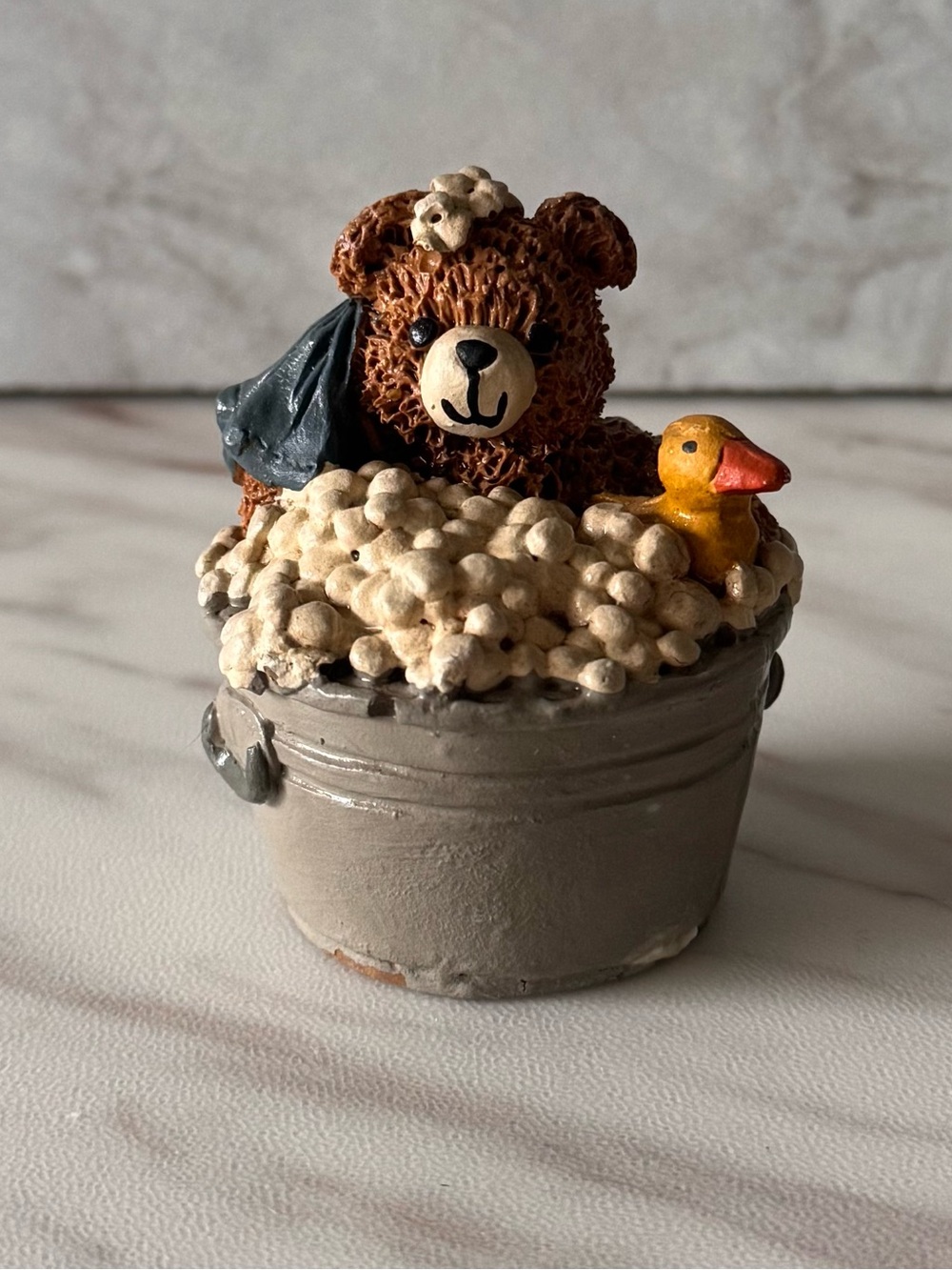 Miniature Teddy Bear Bubble Bath Figurine Duck Tub Resin Decor Cute Collectible